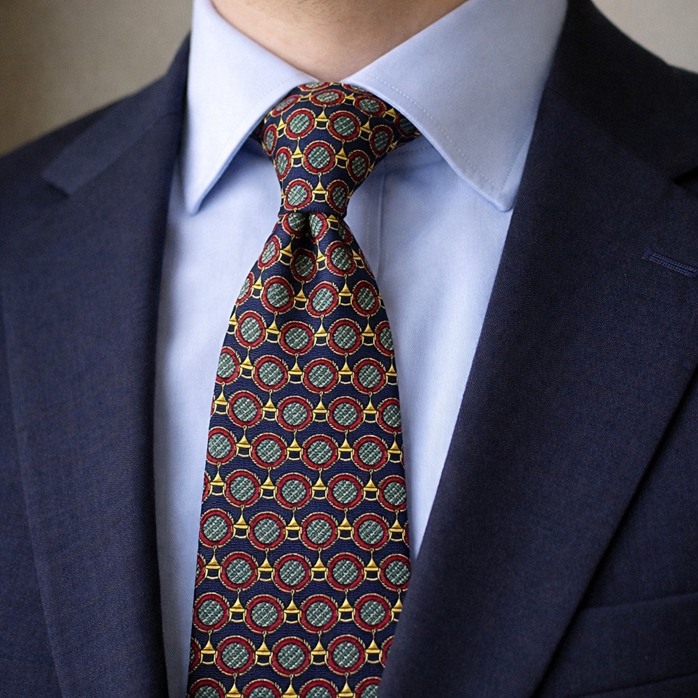 Bullock & Jones Handmade Spain Silk Medallion Tie Navy Red Gold 57”
